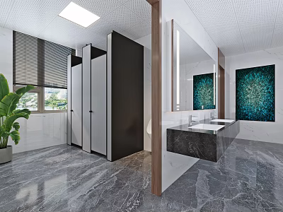 Modern Public Restroom With Toilet Stalls Sink Counter Mirror Marble Floor And Potted Plant 3d model