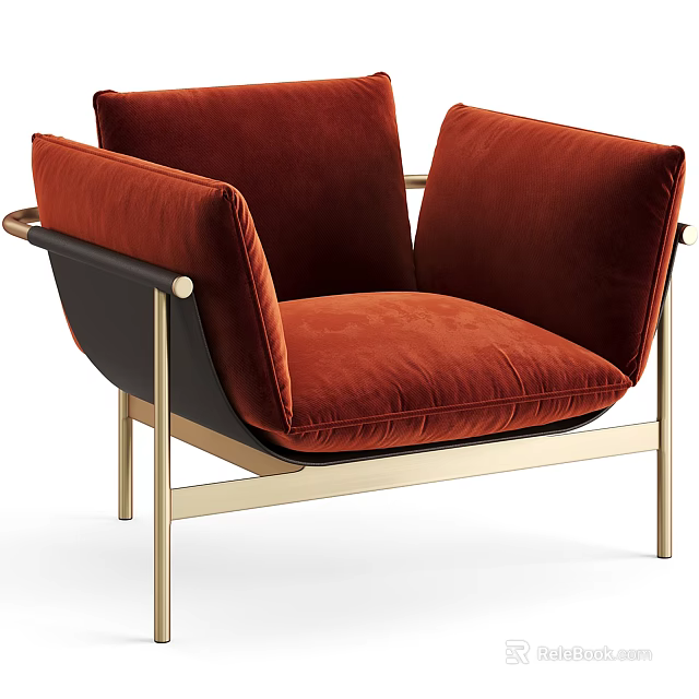 Red Velvet Single Sofa With Gold Metal Frame And Black Accents Modern Design 3d model 