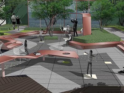Roof Garden Featuring Trees Benches Round Tables Red Structures and Gray Paving for Leisure Activities 3d model