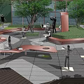 Roof Garden Featuring Trees Benches Round Tables Red Structures and Gray Paving for Leisure Activities