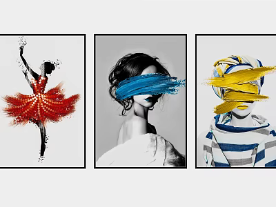 Art Paintings Featuring Ballerina Red Dress Black White Portrait Blue Yellow Brush Strokes 3d model