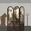 Three Panel Screen Featuring Tropical Forest Scene in Living Room Wooden Cabinet and Floor Lamp