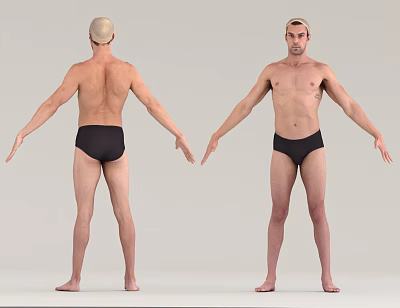 Man In Black Swim Trunks Full Body Front And Back View Standing Poses 3d model