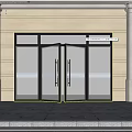 Double Swing Glass Doors with Black Frame Light Yellow Facade White Columns and Tree Reflections 3d model