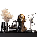 Modern Decorative Ornament Set with Coral Like Sculpture Half Face Bust White Figure and Vase