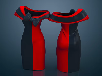 Red And Black Off Shoulder Dresses With Bow Accents For Elegant Style 3d model