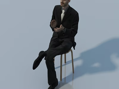 Man in Black Suit With Tie Sitting on Wooden Chair Clapping Hands 3d model