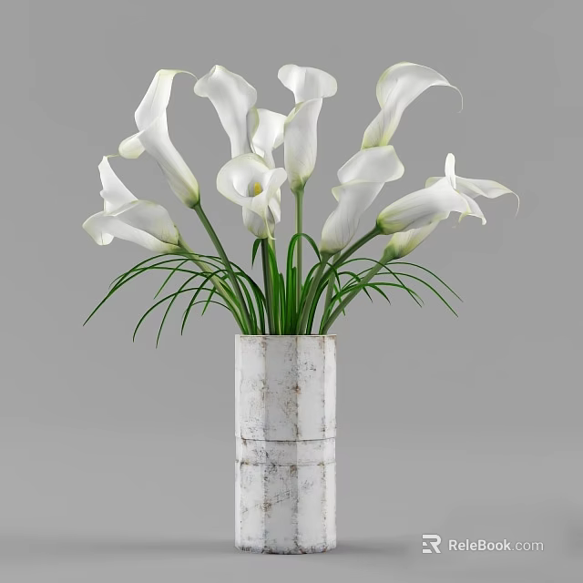 White Marble Textured Vase With White Calla Lilies And Green Stems Leaves 3d model 