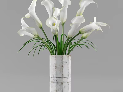 White Marble Textured Vase With White Calla Lilies And Green Stems Leaves 3d model