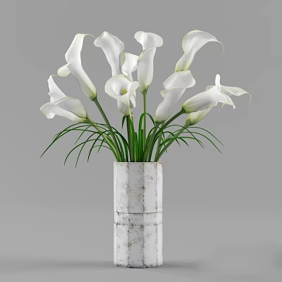 White Marble Textured Vase With White Calla Lilies And Green Stems Leaves 3d model