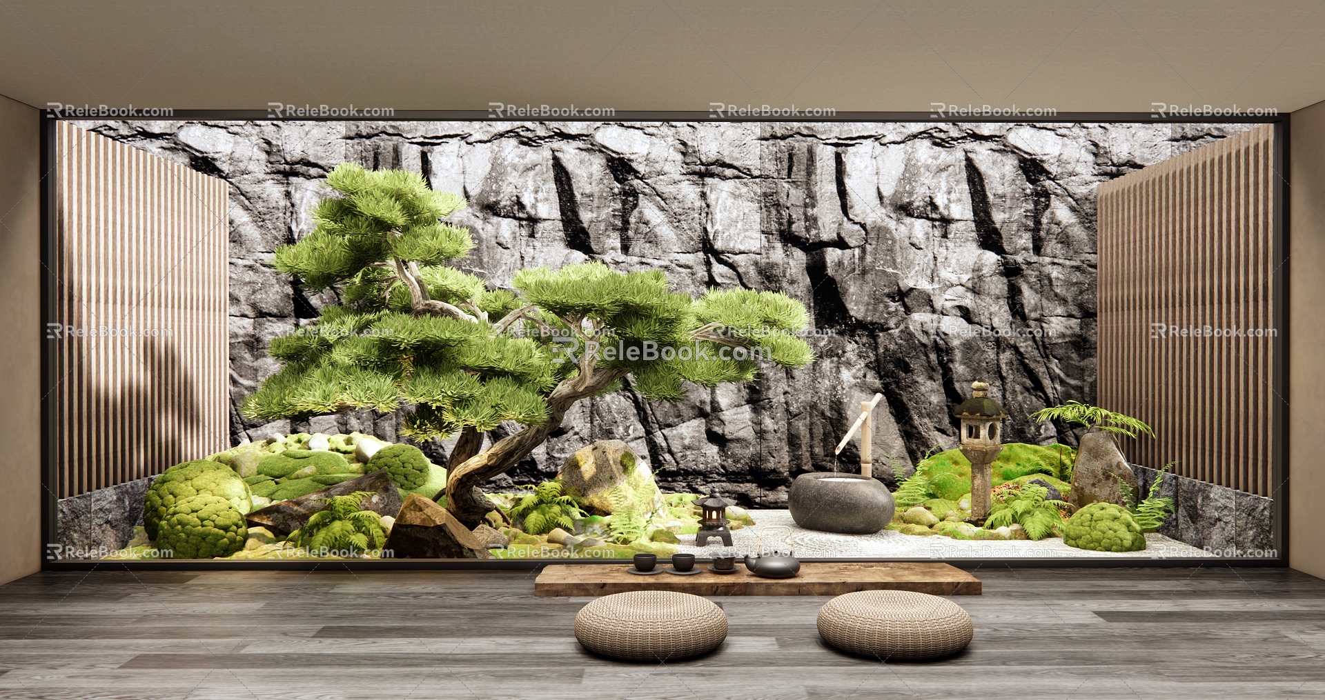 Japanese-style courtyard landscape sketch garden landscape landscaping moss plant combination stone pine fern 3d model