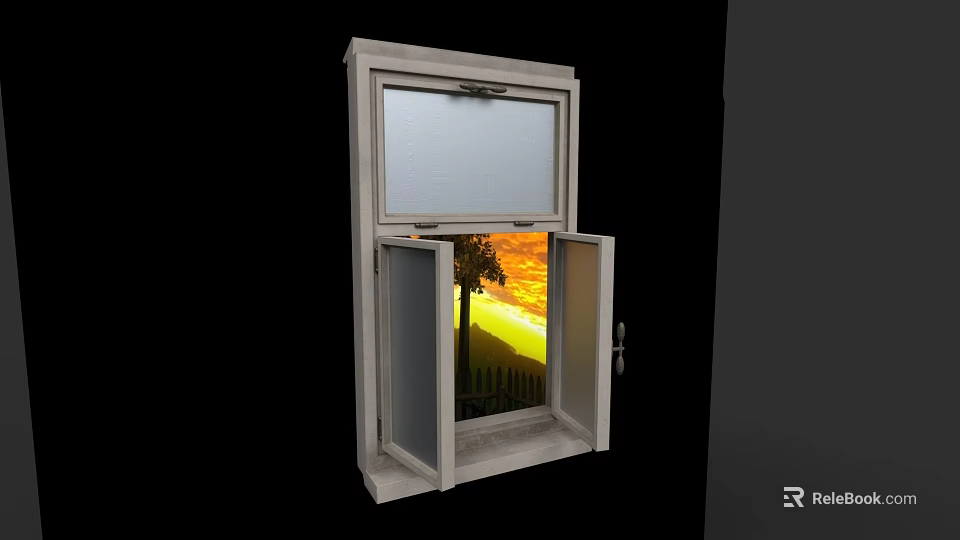 Open Window With Sunset View Tree And Fence Exterior Scene 3d model 