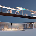 Garden Landscape Design with Modern Overhead Walkway Curved Buildings and Outdoor Lighting