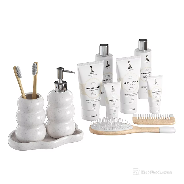 Daily Washing Essentials With Ceramic Holders Soap Dispenser Tray Skincare Tubes And Wooden Combs 3d model 
