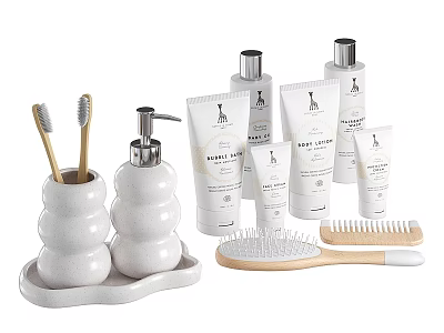 Daily Washing Essentials With Ceramic Holders Soap Dispenser Tray Skincare Tubes And Wooden Combs 3d model