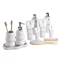 Daily Washing Essentials With Ceramic Holders Soap Dispenser Tray Skincare Tubes And Wooden Combs
