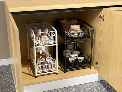 Kitchen Cabinet Storage Shelf With Metal Racks For Dishes Bowls And Cups 3d model