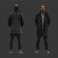 Man Back View in Plaid Coat and Front View Dark Coat Dark Pants Green Shoes