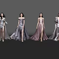 Women Standing In Different Style Silver Pink Long Dresses With Slits On Reflective Grey Floor