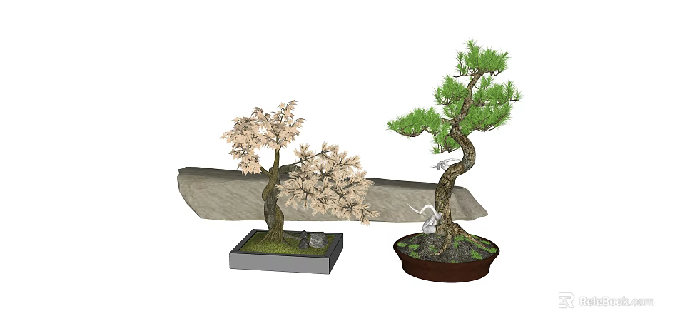 Ornamental Bonsai Plants With Pink Maple Green Pine Leaves In Square Round Pots Stone Accent 3d model 