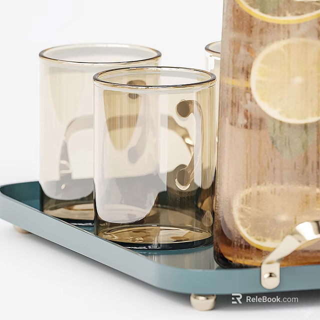 Blue Serving Tray With Glass Cups And Lemon Infused Drink Pitcher 3d model 