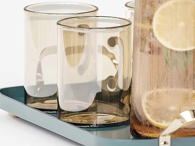 Blue Serving Tray With Glass Cups And Lemon Infused Drink Pitcher 3d model
