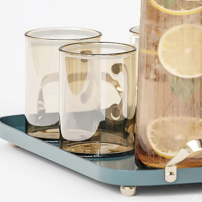 Blue Serving Tray With Glass Cups And Lemon Infused Drink Pitcher 3d model