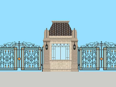 Ornate Iron Entrance Gate With Stone Pillar Tile Roof And Decorative Lanterns 3d model