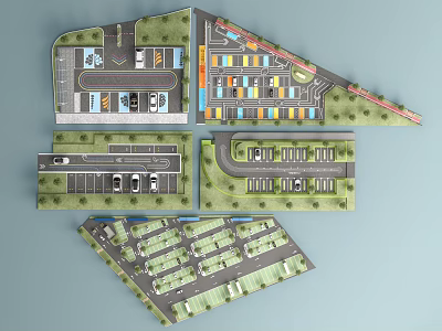 Efficient Parking Lot Layout Designs With Multiple Zones And Green Spaces 3d model