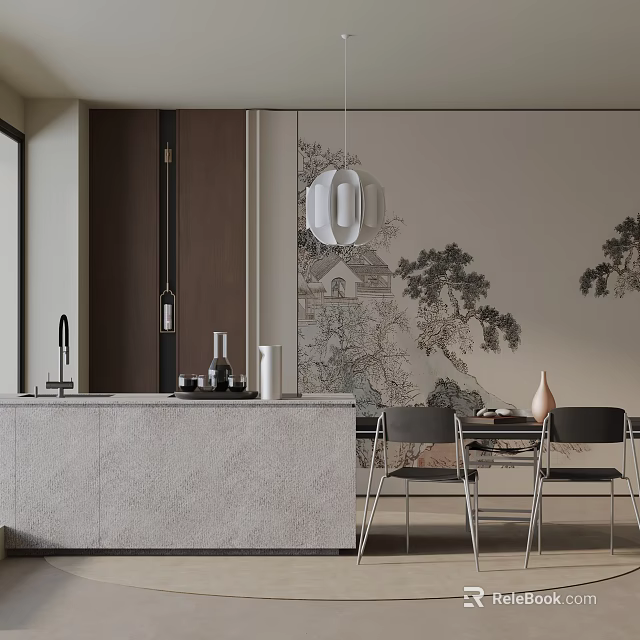 Modern Dining Table Set With Kitchen Island Counter And Ink Painting Backdrop Wall 3d model 