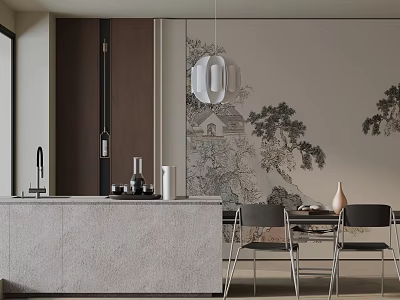 Modern Dining Table Set With Kitchen Island Counter And Ink Painting Backdrop Wall 3d model