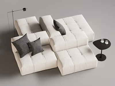 White Tufted Sectional Sofa With Dark Gray Cushions Black Floor Lamp And Side Table 3d model