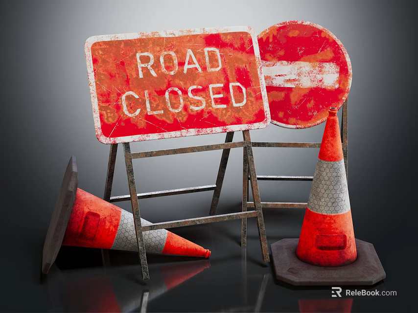 Road Closed Sign With Traffic Cones And Construction Warning Equipment 3d model 