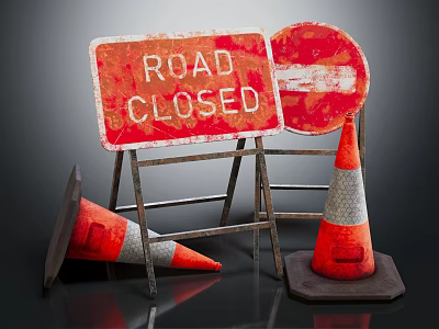 Road Closed Sign With Traffic Cones And Construction Warning Equipment 3d model