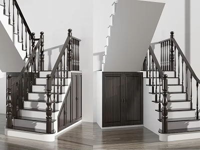 Sleek Modern Staircase With Dark Wood Balusters Handrail White Steps Wooden Floor And Side Cabinet 3d model