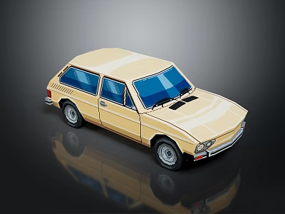 Vintage Beige Hatchback Car With Blue Windows And Black Surface Reflection 3d model
