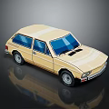 Vintage Beige Hatchback Car With Blue Windows And Black Surface Reflection 3d model