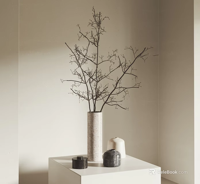 White Textured Vase With Bare Branches In Minimalist Room Corner On Table 3d model 