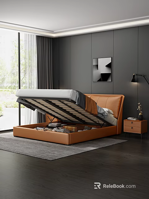 Background Double Bed Orange Headboard Open Storage Mattress Dark Gray Wall Geometric Art Wooden Nightstand 3d model 