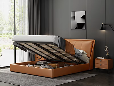 Background Double Bed Orange Headboard Open Storage Mattress Dark Gray Wall Geometric Art Wooden Nightstand 3d model