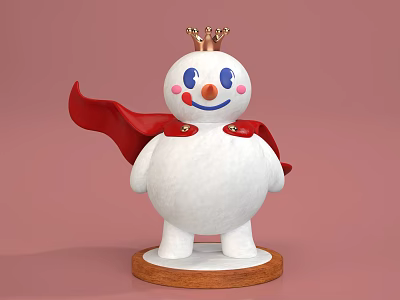 Cute Snowman Sculpture With Golden Crown Red Cape Pink Cheeks And Wooden Base 3d model