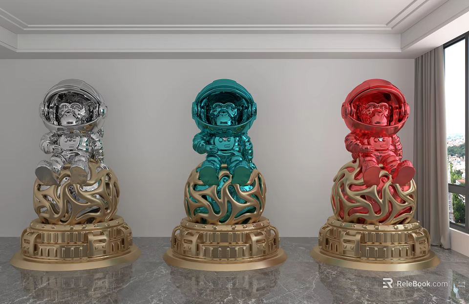 Colorful Astronaut Sculptures Artistic Carving with Silver Teal Red Metallic Finish and Gold Base 3d model 