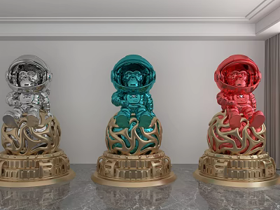Colorful Astronaut Sculptures Artistic Carving with Silver Teal Red Metallic Finish and Gold Base 3d model