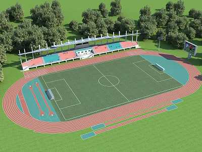 Public Sports Stadium With Red Running Track Green Football Field Seats And Surrounding Trees 3d model