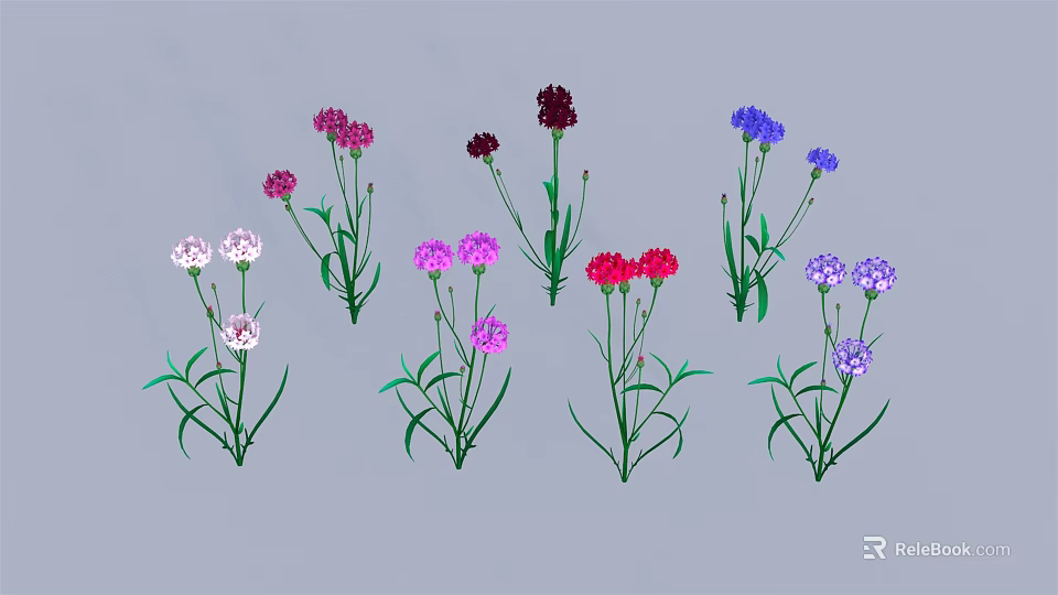 Vibrant Multi Colored Flowers with Green Stems and Leaves on Gray Background 3d model 