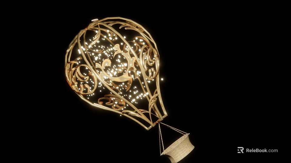 Decorative Golden Hot Air Balloon Ornament With Intricate Carvings String Lights And Small Basket 3d model 