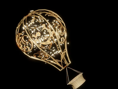 Decorative Golden Hot Air Balloon Ornament With Intricate Carvings String Lights And Small Basket 3d model