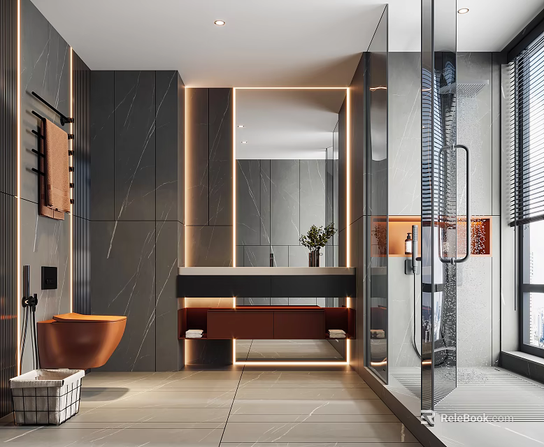 Modern Bathroom Interior Design With Gray Wall Tiles Backlit Mirror And Freestanding Bathtub 3d model 