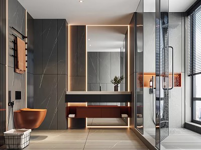 Modern Bathroom Interior Design With Gray Wall Tiles Backlit Mirror And Freestanding Bathtub 3d model