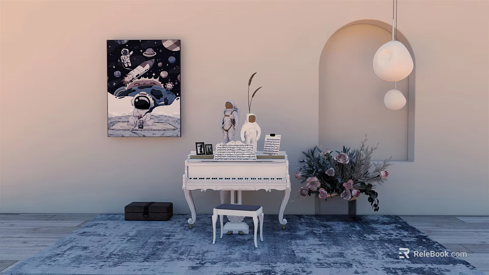 Elegant White Piano And Astronaut Painting With Vase Flowers Arched Wall Hanging Lamp Rug 3d model 